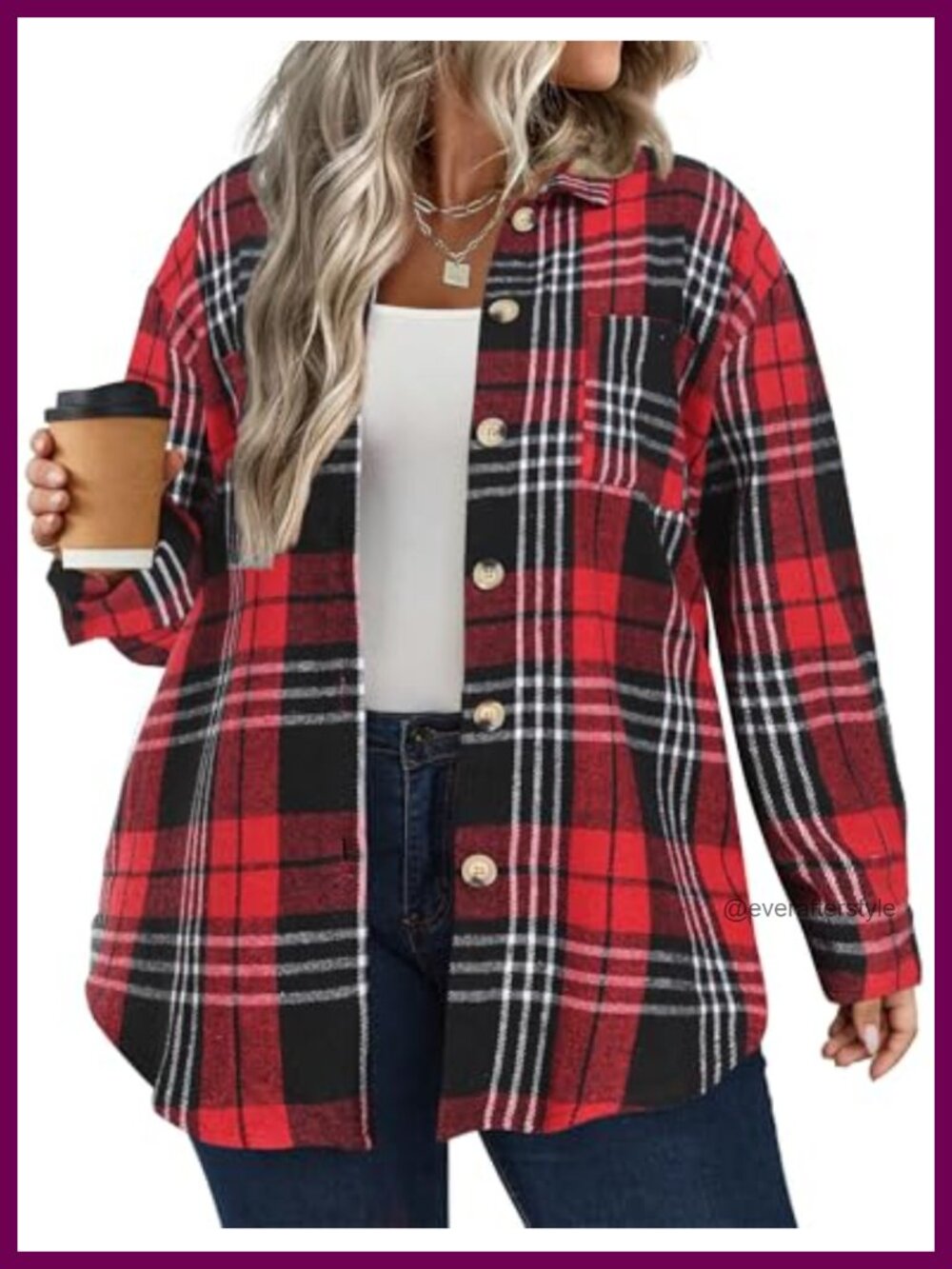 Plus Size Plaid Shacket Oversized Button Front Casual Jacket